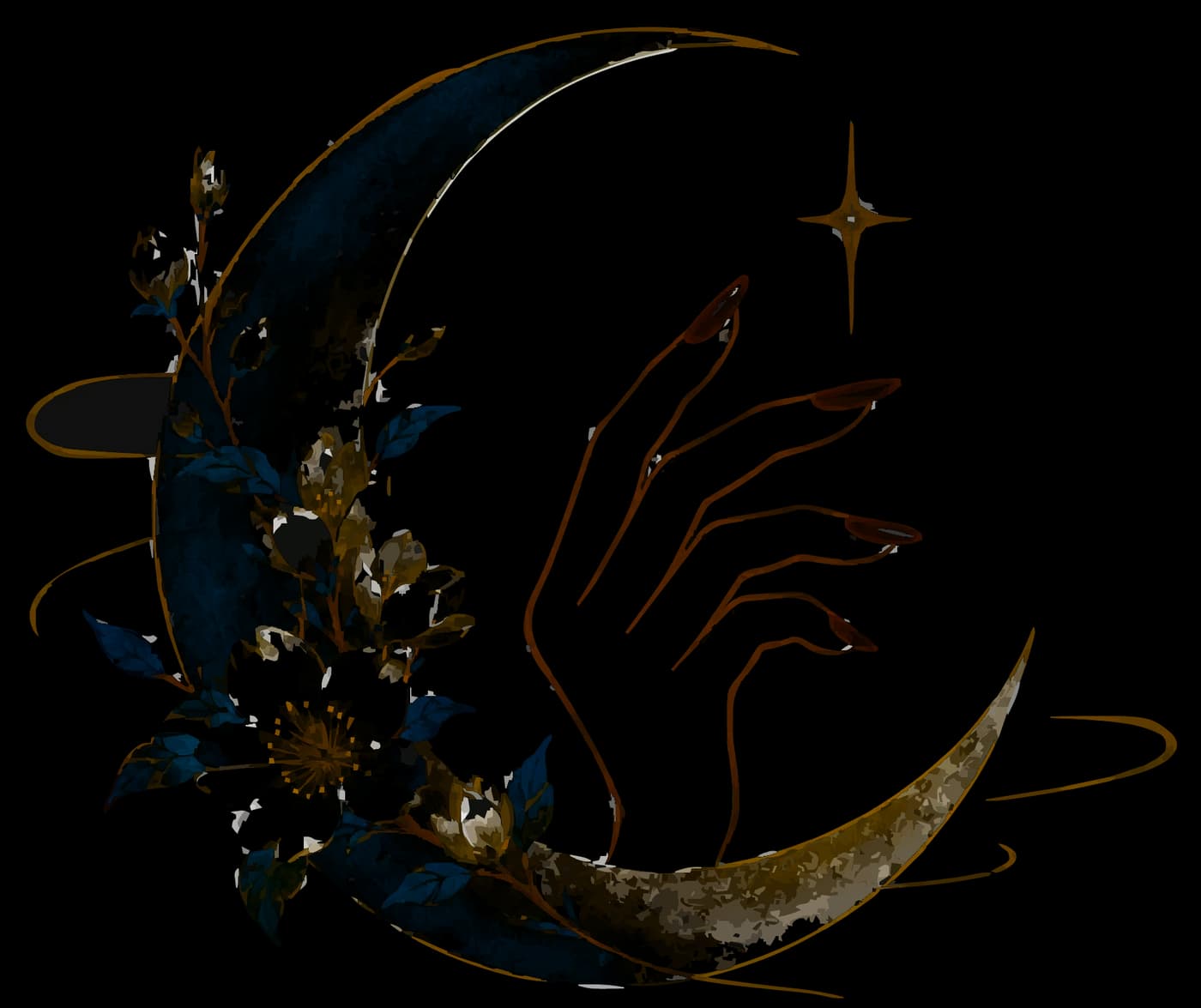 Half Moon Nail logo: a crescent moon with blossoms and a hand